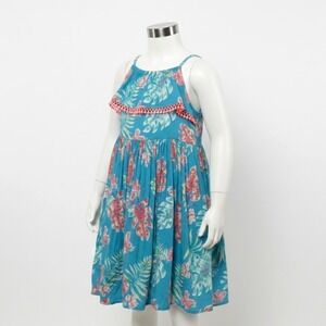 OshKosh B'gosh Tropical Floral Sundress Girls 3T Blue Pink Ruffle Trim Vacation